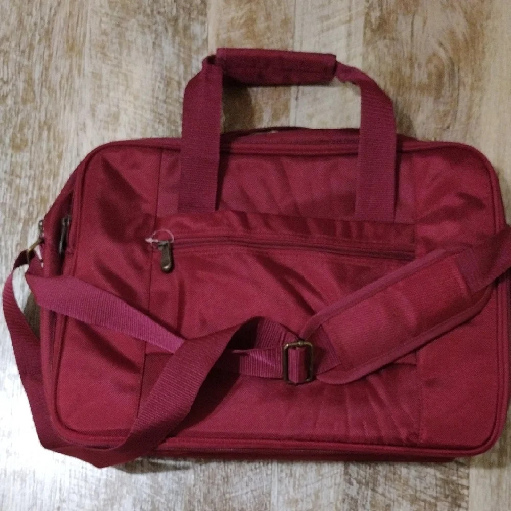 Red Laptop Bag with Adjustable Strap and Brown Leather Accents - Picture 7 of 11